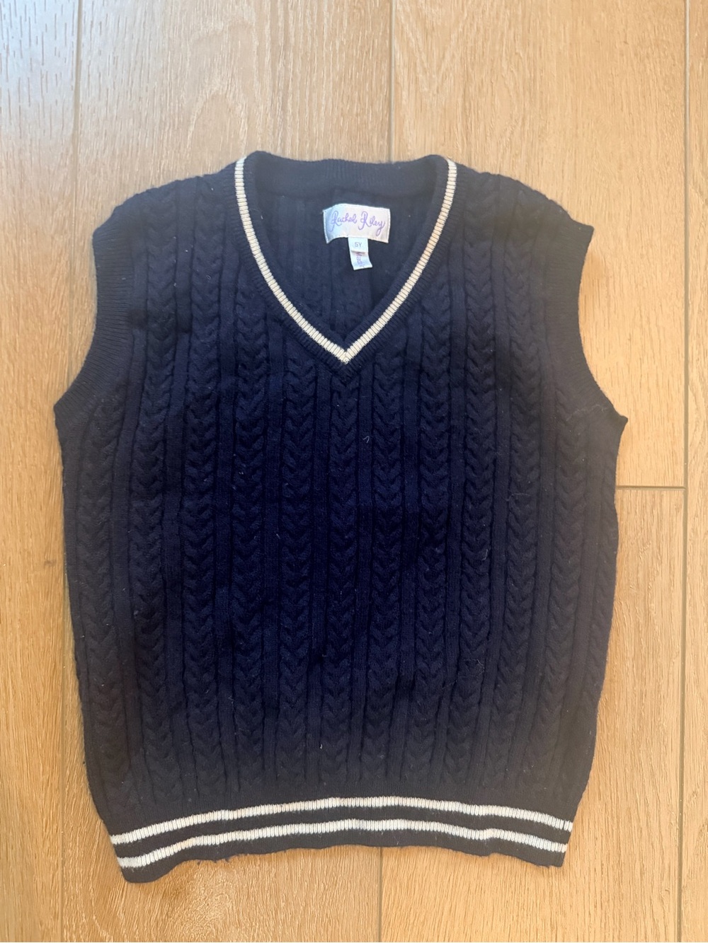 Rachel Riley Navy Cable Knit V-Neck Sweater Vest with White Trim